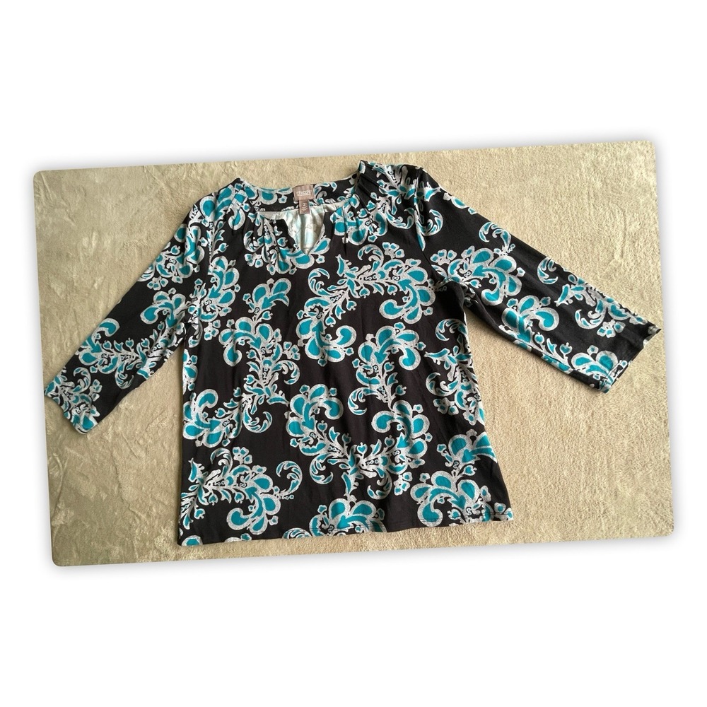 Chico's Women's Tunic Top Size 2 Black Blue Damask 3/4 Sleeve Stretch